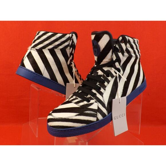 GUCCI 353412 BLACK WHITE STRIPED PONYHAIR HI TOP LACE UP CODA SNEAKERS 7.5 US 8+ - Picture 1 of 9
